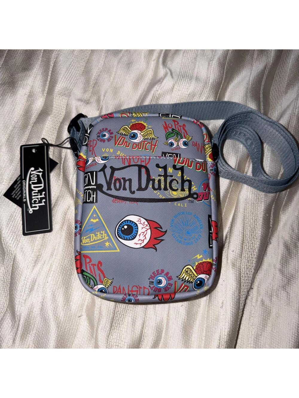Von Dutch Grey JAX Crossbody Sling Bag Y2K Tattoo Print NWT